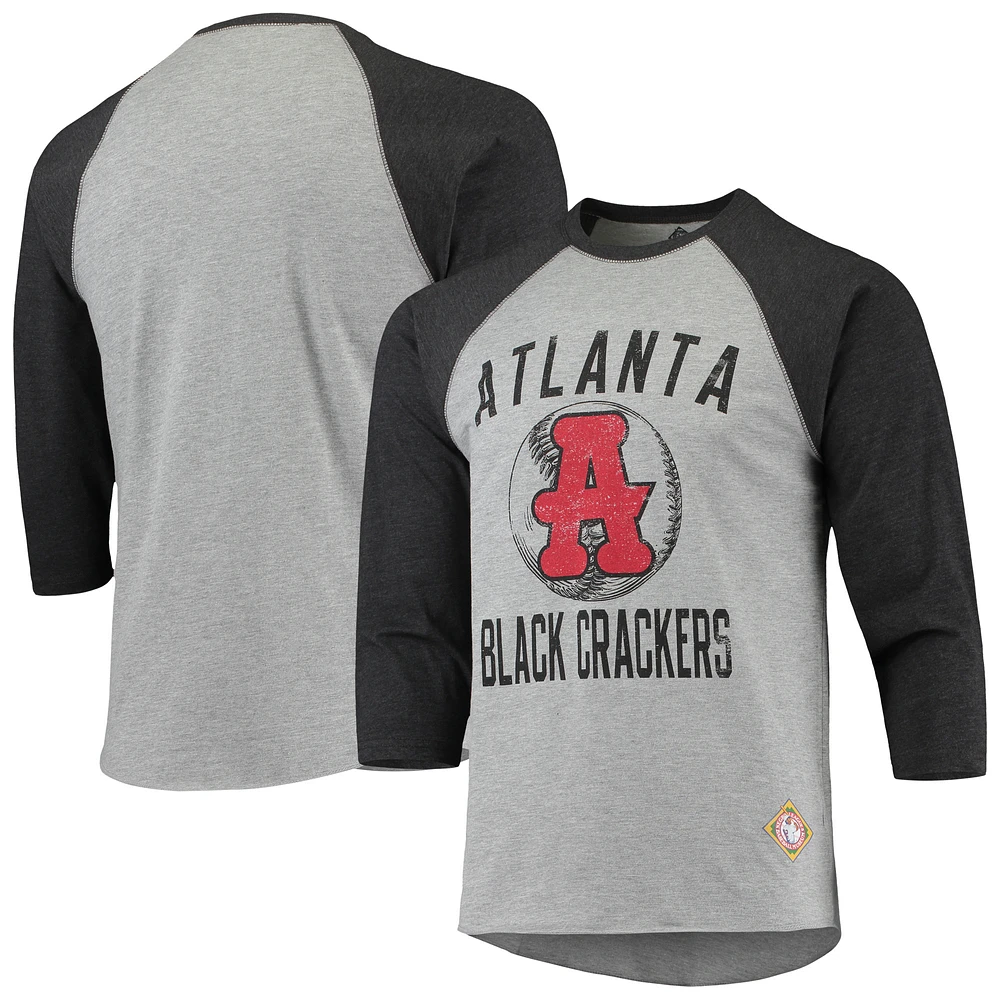 Men's Stitches Heathered Gray/Black Atlanta Black Crackers Negro League Wordmark Raglan 3/4-Sleeve T-Shirt