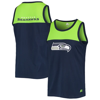 Men's Starter College Navy/Neon Green Seattle Seahawks Team Touchdown Fashion Tank Top