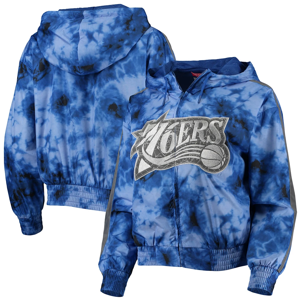 Women's Mitchell & Ness Royal Philadelphia 76ers Galaxy Sublimated Windbreaker Pullover Full-Zip Hoodie