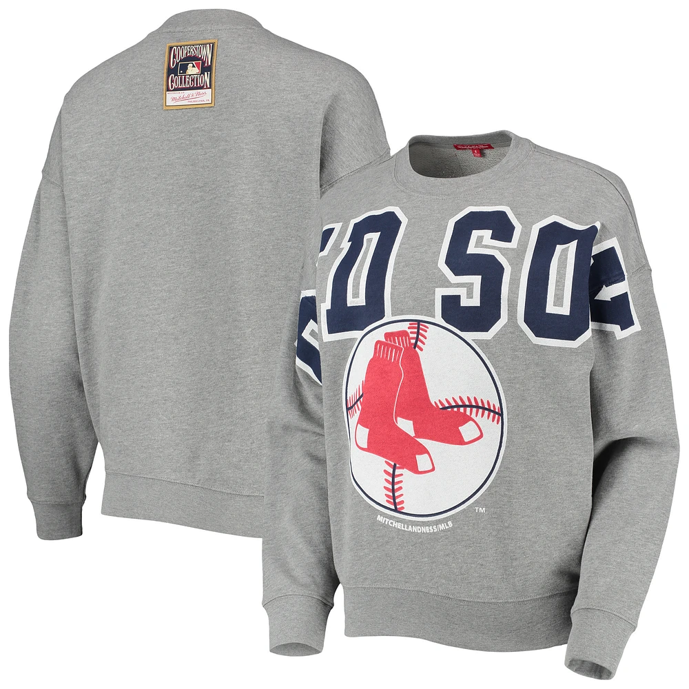 Women's Mitchell & Ness Heathered Gray Boston Red Sox Cooperstown Collection Logo Lightweight Pullover Sweatshirt