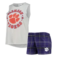 Women's Concepts Sport Purple/White Clemson Tigers Ultimate Flannel Tank Top & Shorts Sleep Set