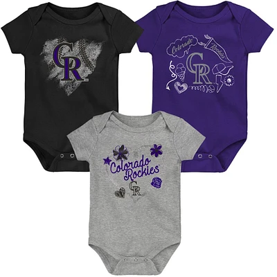 Infant Black/Purple/Gray Colorado Rockies Batter Up 3-Pack Bodysuit Set