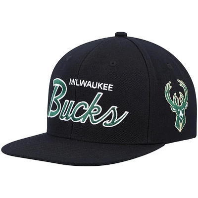 Men's Mitchell & Ness Black Milwaukee Bucks Hardwood Classics Script 2.0 Snapback Hat