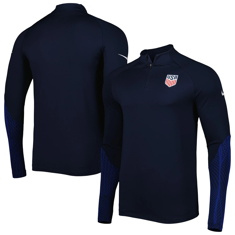 Men's Nike Navy USMNT 2022 Strike Drill Performance Raglan Quarter-Zip Long Sleeve Top