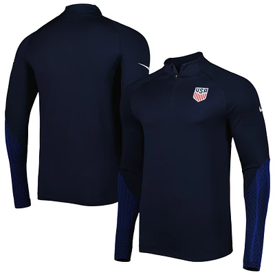 Men's Nike Navy USMNT 2022 Strike Drill Performance Raglan Quarter-Zip Long Sleeve Top
