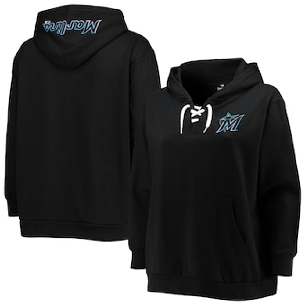 Women's Black Miami Marlins Plus Lace-Up V-Neck Pullover Hoodie