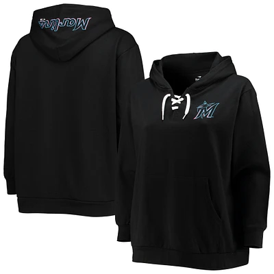 Women's Black Miami Marlins Plus Lace-Up V-Neck Pullover Hoodie