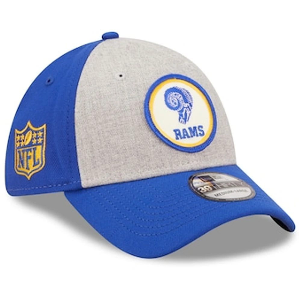 Men's New Era Heathered Gray/Royal Los Angeles Rams 2022 Sideline 39THIRTY Historic Flex Hat