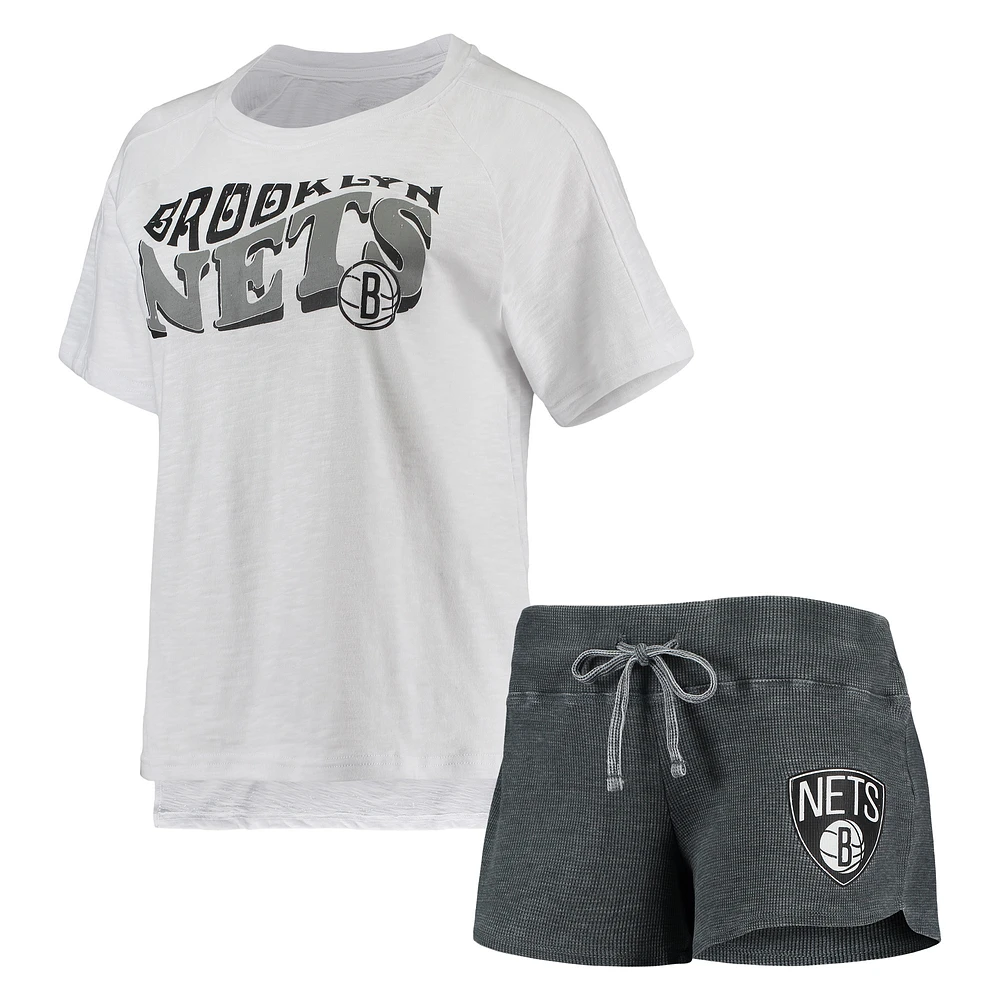 Women's Concepts Sport Charcoal/White Brooklyn Nets Resurgence Slub Burnout Raglan T-Shirt & Shorts Sleep Set