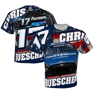 Men's Checkered Flag White Chris Buescher Fastenal Sublimated Patriotic Total Print T-Shirt