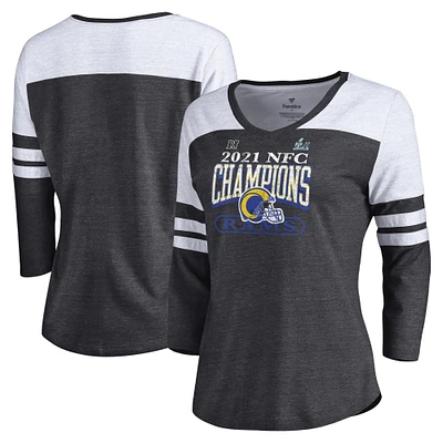 Women's Fanatics Heathered Charcoal Los Angeles Rams Super Bowl LVI Bound Classic Play Stripe 3/4-Sleeve Scoop Neck T-Shirt