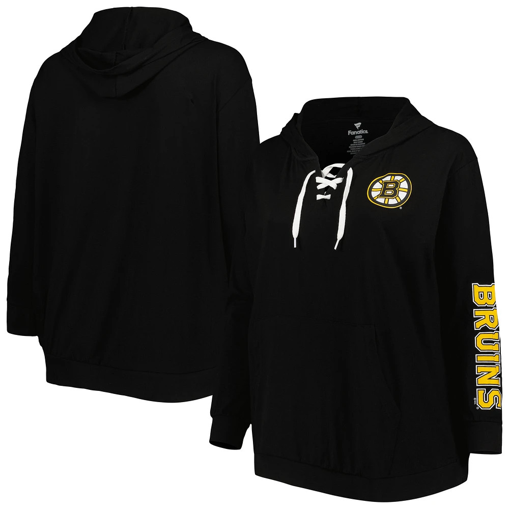 Women's Black Boston Bruins Plus Size Lace-Up Pullover Hoodie