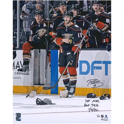 Troy Terry Anaheim Ducks Autographed 16'' x 20'' Hat Trick Celebration Photograph with ''1ST NHL HAT TRICK 1/4/22'' Inscription - Limited Edition of 22