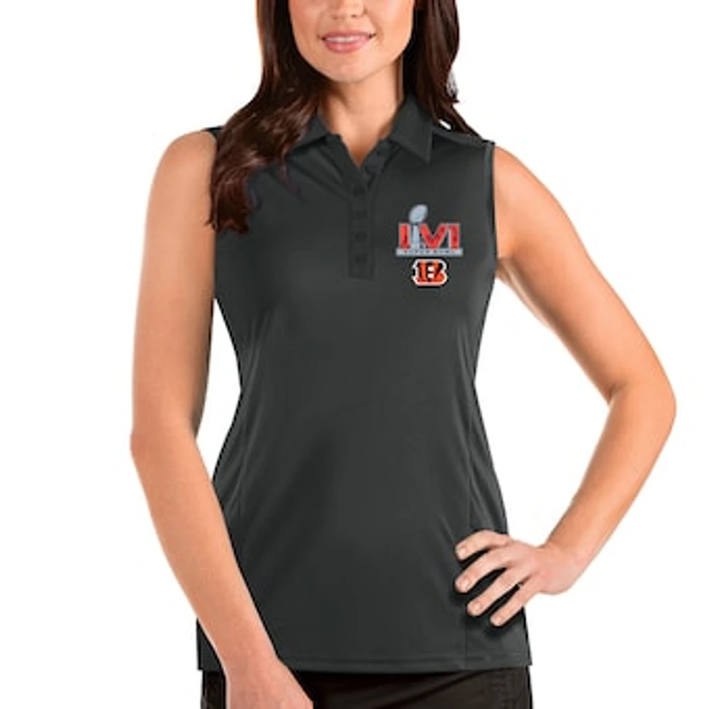 Women's Antigua Charcoal Cincinnati Bengals Super Bowl LVI Bound Sleeveless Tribute Polo