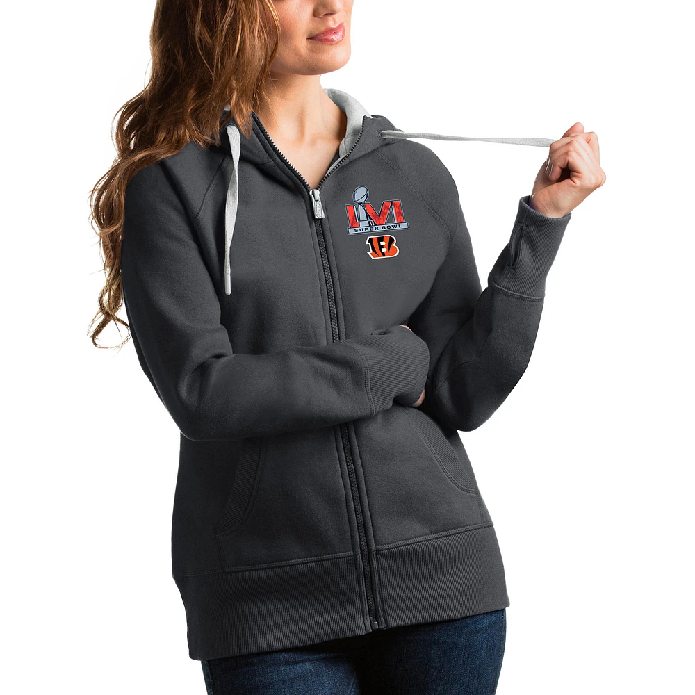 Women's Antigua Charcoal Cincinnati Bengals Super Bowl LVI Bound Victory Full-Zip Hoodie