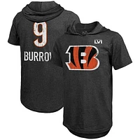 Men's Majestic Threads Joe Burrow Black Cincinnati Bengals Super Bowl LVI Bound Short Sleeve Hoodie T-Shirt