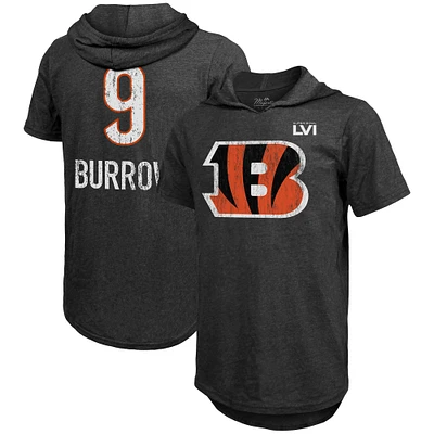 Men's Majestic Threads Joe Burrow Black Cincinnati Bengals Super Bowl LVI Bound Short Sleeve Hoodie T-Shirt