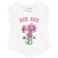 Girls Toddler Tiny Turnip White Boston Red Sox Blooming Baseballs Fringe T-Shirt