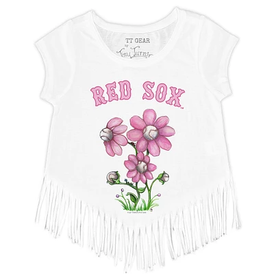 Girls Toddler Tiny Turnip White Boston Red Sox Blooming Baseballs Fringe T-Shirt