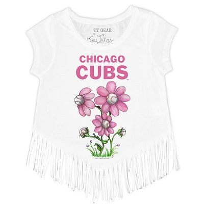 Girls Toddler Tiny Turnip White Chicago Cubs Blooming Baseballs Fringe T-Shirt