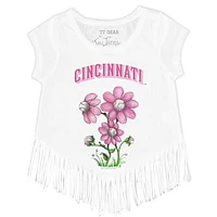 Girls Toddler Tiny Turnip White Cincinnati Reds Blooming Baseballs Fringe T-Shirt