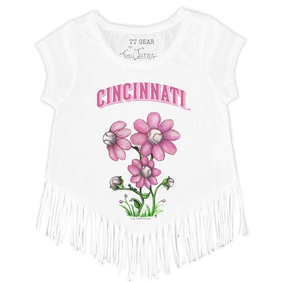 Girls Toddler Tiny Turnip White Cincinnati Reds Blooming Baseballs Fringe T-Shirt