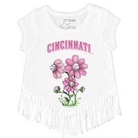 Girls Toddler Tiny Turnip White Cincinnati Reds Blooming Baseballs Fringe T-Shirt