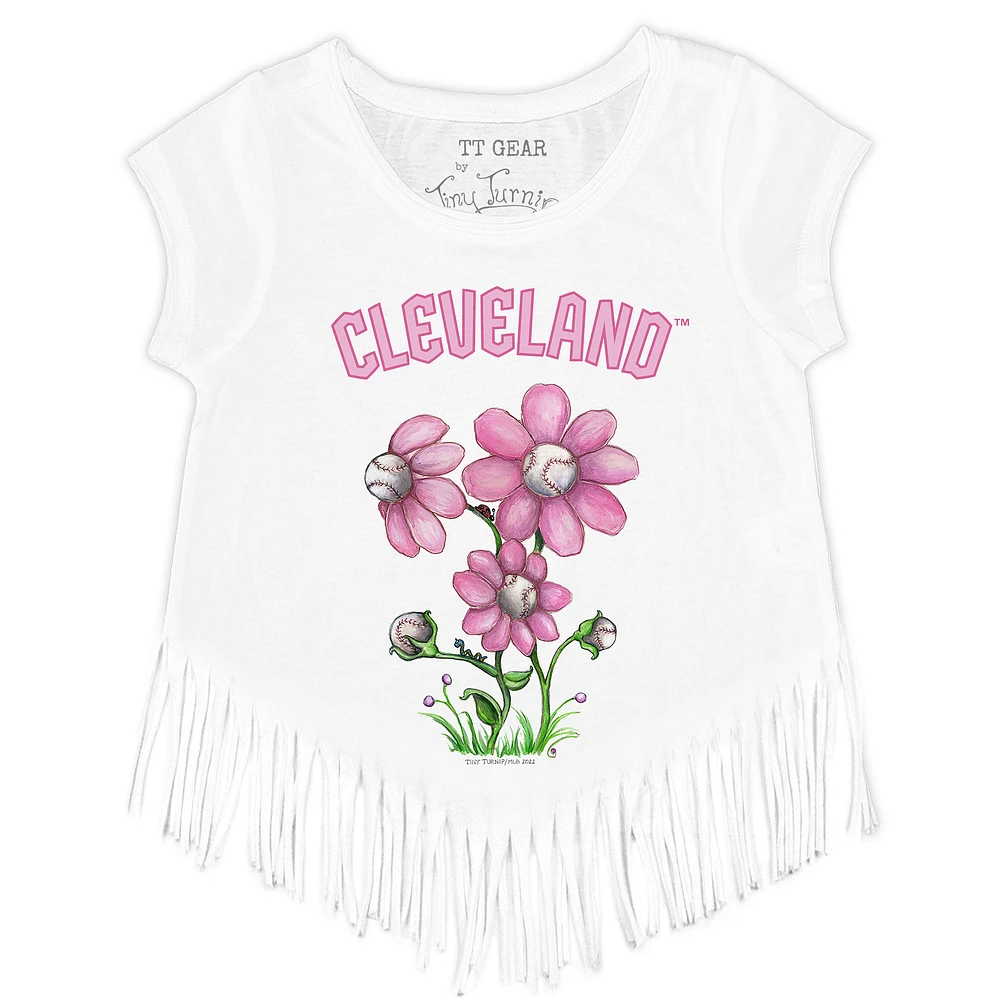 Girls Toddler Tiny Turnip White Cleveland Guardians Blooming Baseballs Fringe T-Shirt