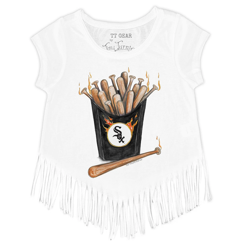 Girls Toddler Tiny Turnip White Chicago Sox Hot Bats Fringe T-Shirt