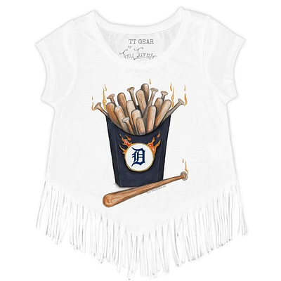 Girls Toddler Tiny Turnip White Detroit Tigers Hot Bats Fringe T-Shirt