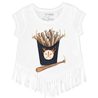 Girls Toddler Tiny Turnip White Houston Astros Hot Bats Fringe T-Shirt