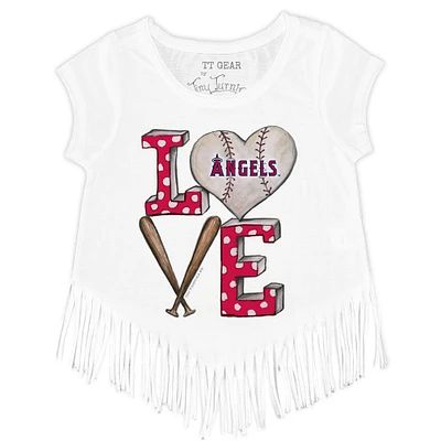 Girls Toddler Tiny Turnip White Los Angeles Angels Baseball Love Fringe T-Shirt