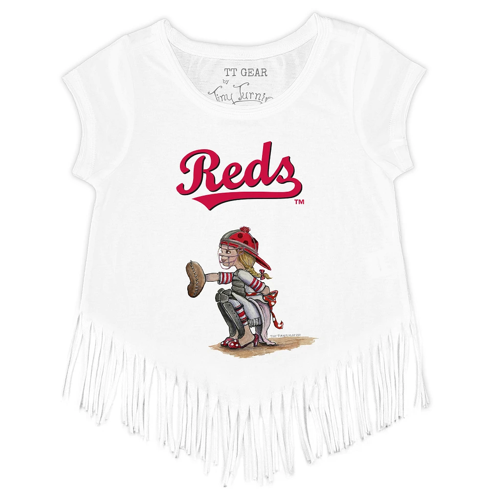 Girls Toddler Tiny Turnip White Cincinnati Reds Kate the Catcher Fringe T-Shirt