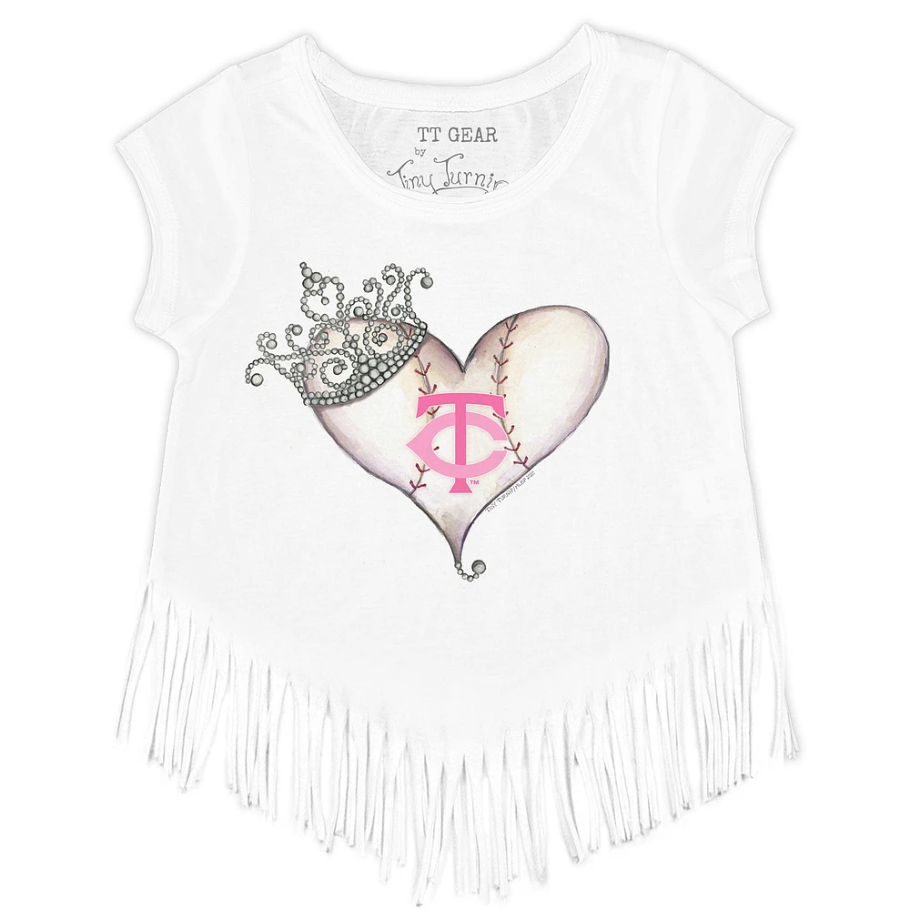 Girls Toddler Tiny Turnip White Minnesota Twins Baseball Tiara Heart Fringe T-Shirt