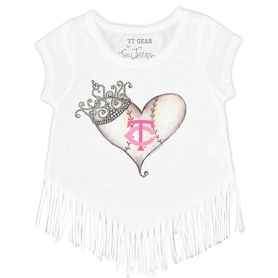 Girls Toddler Tiny Turnip White Minnesota Twins Baseball Tiara Heart Fringe T-Shirt