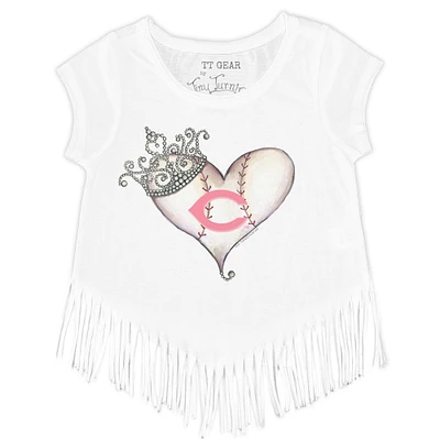 Girls Youth Tiny Turnip White Cincinnati Reds Baseball Tiara Heart Fringe T-Shirt