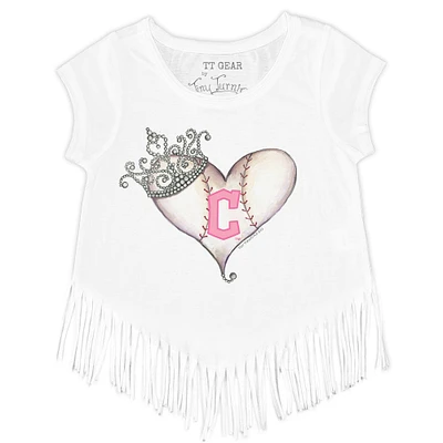 Girls Youth Tiny Turnip White Cleveland Guardians Baseball Tiara Heart Fringe T-Shirt