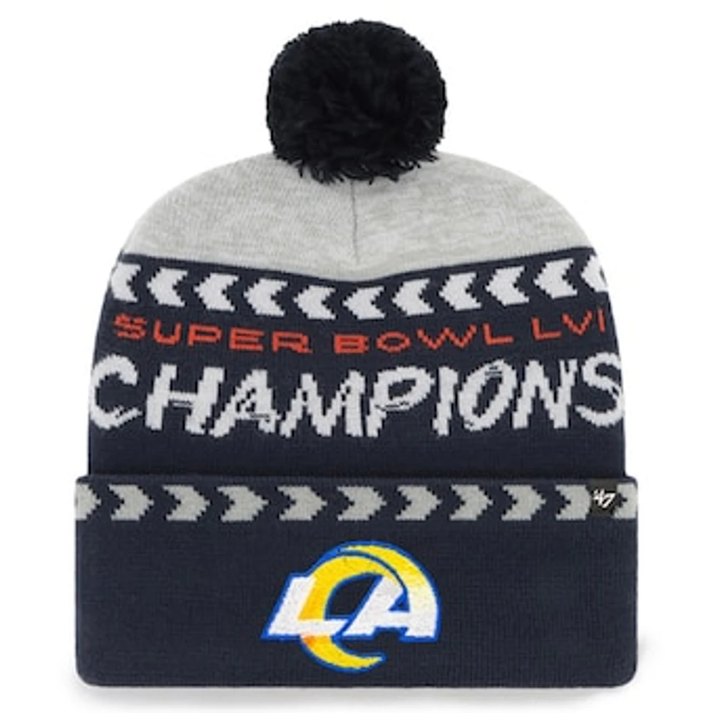 Men's '47 Gray/Navy Los Angeles Rams Super Bowl LVI Champions Clapboard Cuffed Pom Knit Hat