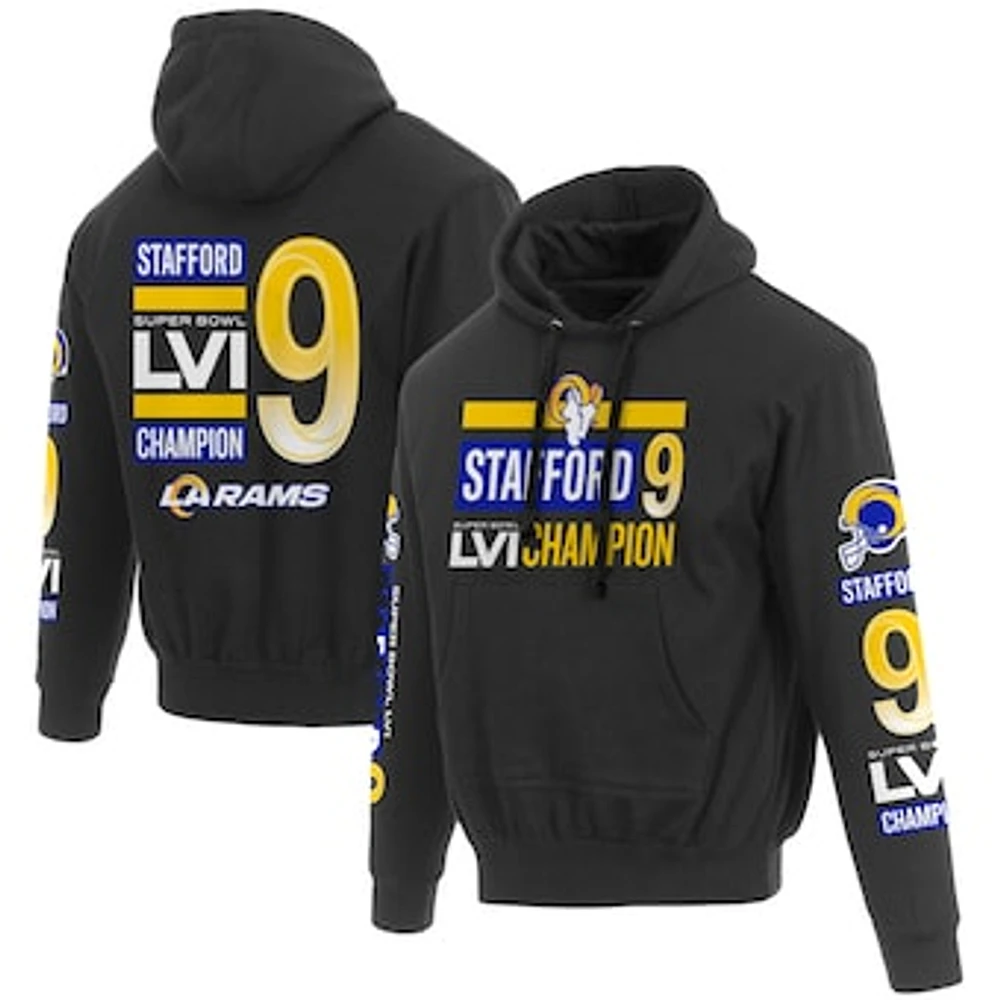 Men's JH Design Matthew Stafford Black Los Angeles Rams Super Bowl LVI Champions Player Name & Number Pullover Hoodie