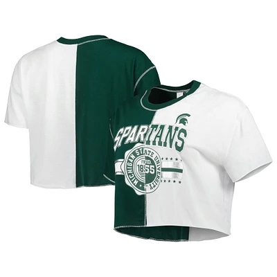 Women's ZooZatz Green/White Michigan State Spartans Colorblock Cropped T-Shirt