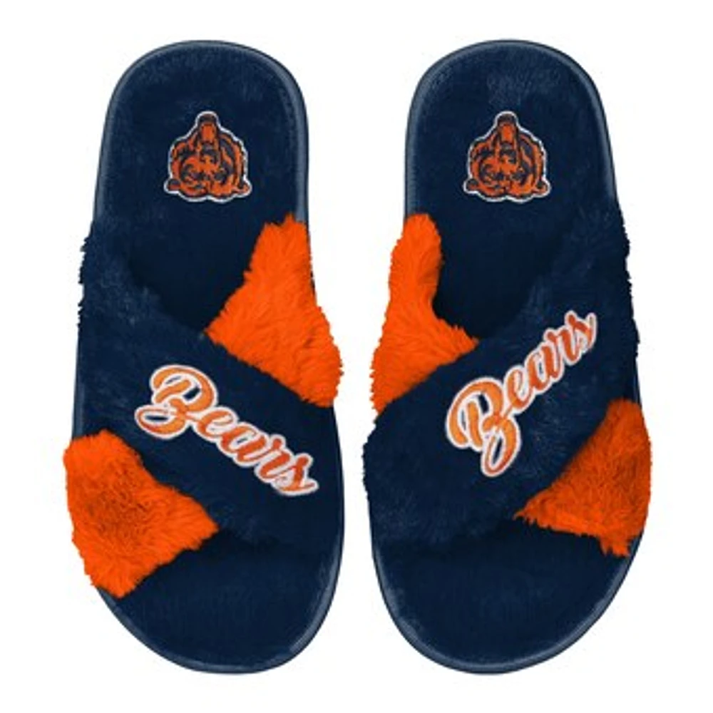 Women's FOCO Navy Chicago Bears Two-Tone Crossover Faux Fur Slide Slippers