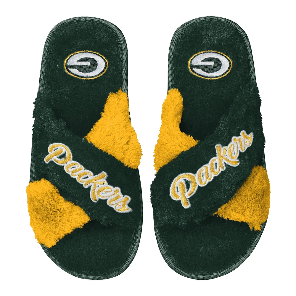 Women's FOCO Green Green Bay Packers Two-Tone Crossover Faux Fur Slide Slippers