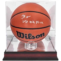 Jonathan Kuminga Golden State Warriors Autographed Wilson Replica Basketball with "2021 #7 Pick" Inscription & Mahogany Team Logo Display Case