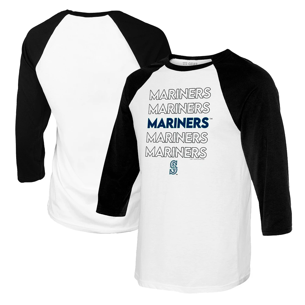 Women's Tiny Turnip White/Black Seattle Mariners Stacked 3/4-Sleeve Raglan T-Shirt