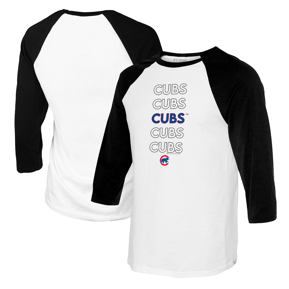 Youth Tiny Turnip White/Black Chicago Cubs Stacked Raglan 3/4 Sleeve T-Shirt