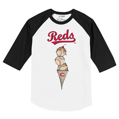 Toddler Tiny Turnip White/Black Cincinnati Reds Triple Scoop Raglan 3/4 Sleeve T-Shirt