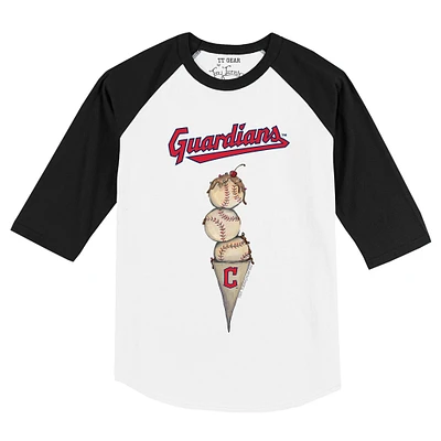 Toddler Tiny Turnip White/Black Cleveland Guardians Triple Scoop Raglan 3/4 Sleeve T-Shirt