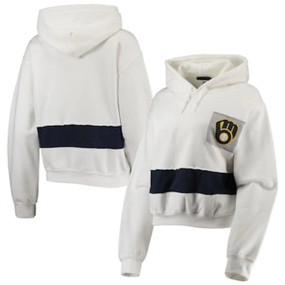 Women's Refried Apparel White/Navy Milwaukee Brewers Cropped Pullover Hoodie