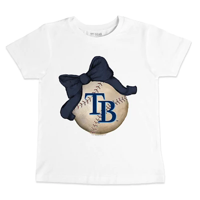 Toddler Tiny Turnip White Tampa Bay Rays Baseball Bow T-Shirt