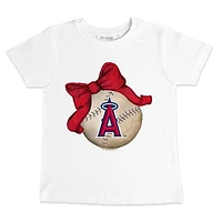 Youth Tiny Turnip White Los Angeles Angels Baseball Bow T-Shirt